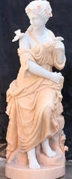 Casa Padrino Jugendstil Marmor Deko Skulptur sitzende Dame Weiß / Beige 50 x 50 x H. 130 cm - Gartendeko Statue - Terrassen Deko Figur