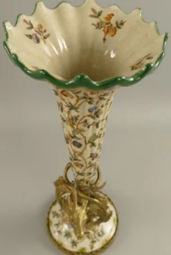 Casa Padrino Jugendstil Porzellan Vasen Set Creme / Mehrfarbig / Messing Ø 12 x H. 34 cm - Barock & Jugendstil Deko Accessoires