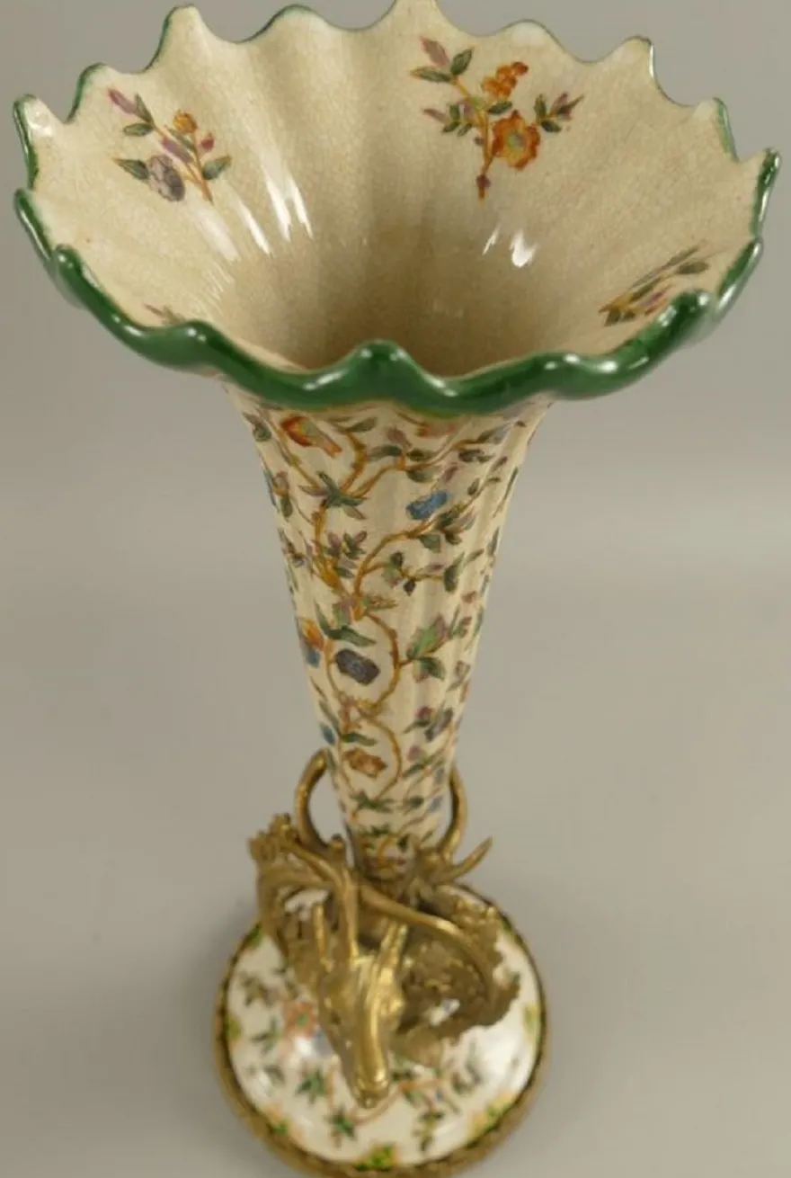 Casa Padrino Jugendstil Porzellan Vasen Set Creme / Mehrfarbig / Messing Ø 12 x H. 34 cm - Barock & Jugendstil Deko Accessoires