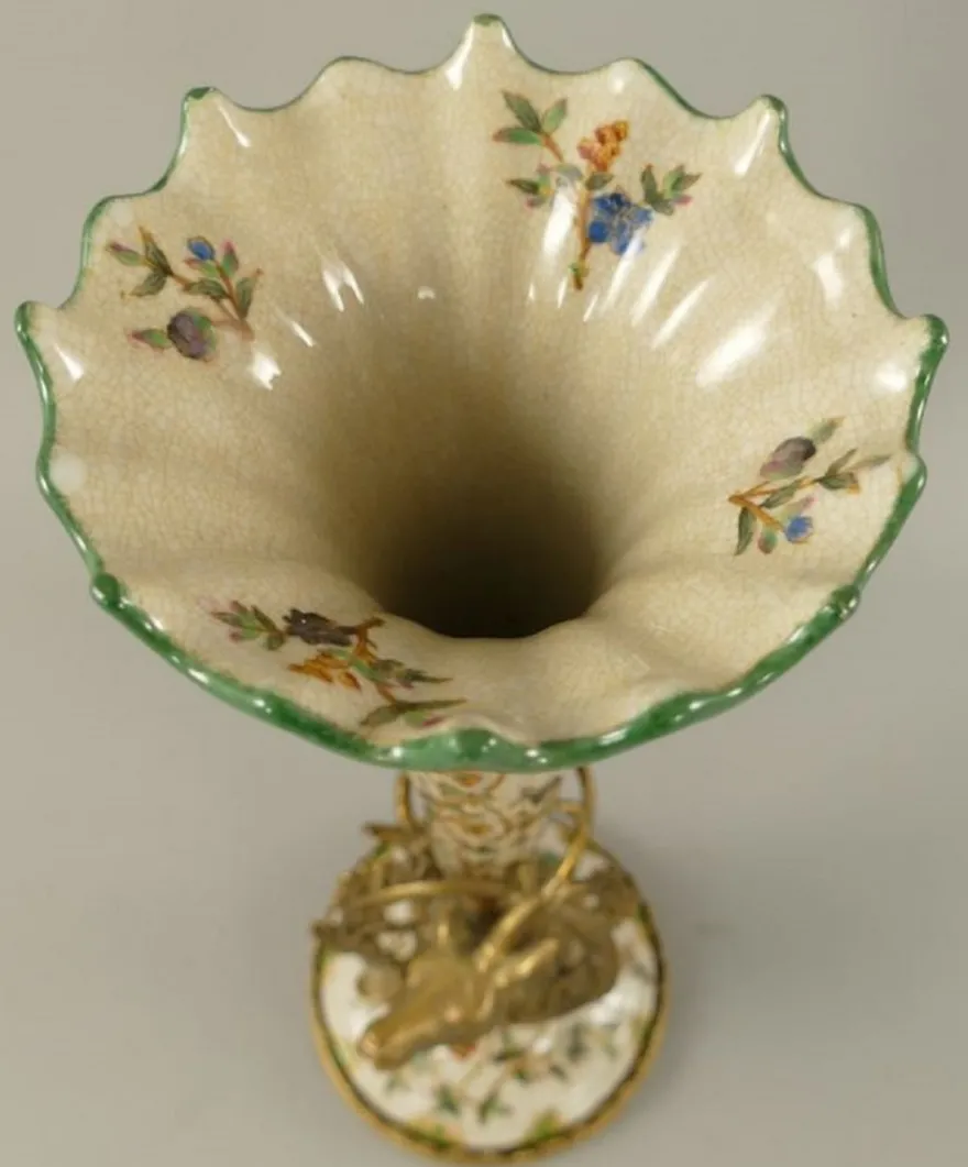 Casa Padrino Jugendstil Porzellan Vasen Set Creme / Mehrfarbig / Messing Ø 12 x H. 34 cm - Barock & Jugendstil Deko Accessoires
