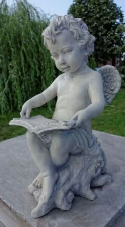 Casa Padrino Jugendstil Skulptur Engel mit Buch Grau 18 x H. 40 cm - Garten Deko Figur