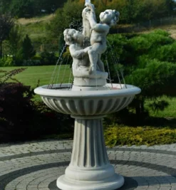 Casa Padrino Jugendstil Springbrunnen Kinder mit Fisch Grau Ø 92 x H. 161 cm - Prunkvoller Gartenbrunnen - Gartendeko Brunnen - Barock & Jugendstil Garten Deko Accessoires