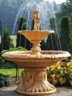 Casa Padrino Jugendstil Springbrunnen Frau mit Schüssel Beige Ø 155 x H. 190 cm - Prunkvoller Gartenbrunnen - Gartendeko Brunnen - Barock & Jugendstil Garten Deko Accessoires