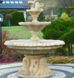 Casa Padrino Jugendstil Springbrunnen mit Tauben Sandfarben Ø 155 x H. 182 cm - Prunkvoller Gartenbrunnen - Gartendeko Brunnen - Barock & Jugendstil Garten Deko Accessoires