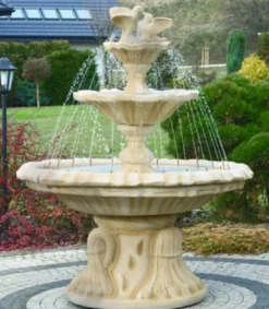 Casa Padrino Jugendstil Springbrunnen mit Tauben Sandfarben Ø 155 x H. 182 cm - Prunkvoller Gartenbrunnen - Gartendeko Brunnen - Barock & Jugendstil Garten Deko Accessoires