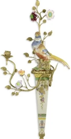 Casa Padrino Jugendstil Wandkerzenhalter Papagei Mehrfarbig / Messing 36,5 x H. 76,2 cm - Porzellan Wand Kerzenhalter - Barock & Jugendstil Wanddeko