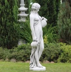 Casa Padrino Jugendstil Wasserspeier Skulptur Frau mit Krügen Grau H. 140 cm - Elegante Wasserspeier Stein Figur - Barock & Jugendstil Garten Deko Accessoires