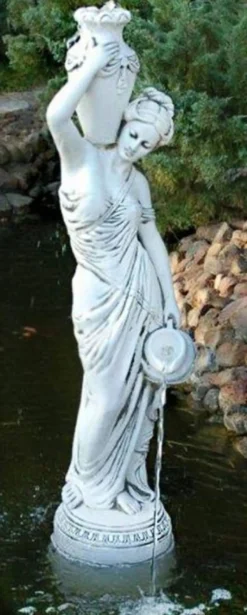 Casa Padrino Jugendstil Wasserspeier Skulptur Frau mit Vase und Krug Grau H. 135 cm - Elegante Wasserspeier Stein Figur - Barock & Jugendstil Garten Deko Accessoires