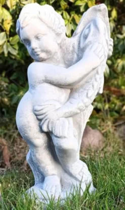 Casa Padrino Jugendstil Wasserspeier Skulptur Junge mit Fisch Grau H. 48 cm - Elegante Wasserspeier Stein Figur - Barock & Jugendstil Garten Deko Accessoires