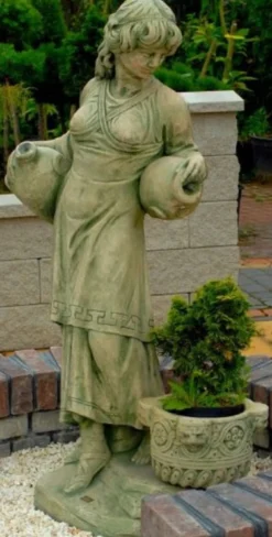 Casa Padrino Jugendstil Wasserspeier Skulptur Frau mit Krügen und dekorativem Blumentopf Grün / Beige 63 x 61 x H. 140 cm - Gartendeko Statue Steinfigur