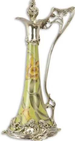 Casa Padrino Jugendstil Weinkrug Grün / Silber 15,5 x 15,2 x H. 33,5 cm - Porzellan Krug mit Deckel und Blumen Design - Barock & Jugendstil Deko Accessoires