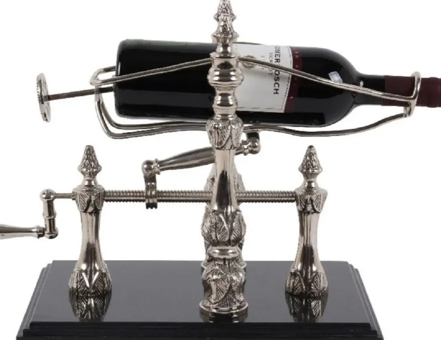 Casa Padrino Jugendstil Weinständer Silber / Schwarz 40 cm - Weinflaschenständer mit Marmorsockel