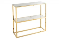 Casa Padrino Konsole Gold / Weiß / Grau Marmor Look 80 x 26 x H. 80 cm - Konsolentisch mit Glasplatte - Wohnzimmer Möbel