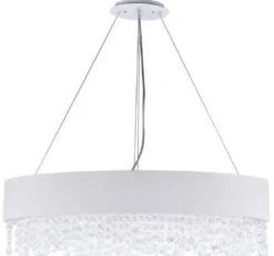 Casa Padrino Kristall Hängeleuchte Silber / Weiß 72 x 27 x H. 21 cm - Außergewöhnliche ovale Leuchte mit Metallrahmen und Stoffbezug
