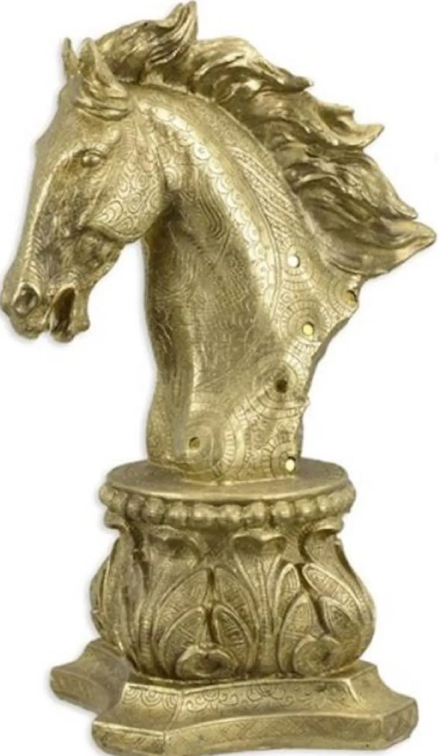 Casa Padrino Kunstharz Deko Skulptur Pferdekopf auf Barock Sockel Gold 17,9 x 22,5 x H. 40,2 cm - Elegante Dekofigur - Schreibtisch Deko - Wohnzimmer Deko