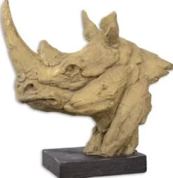 Casa Padrino Kunstharz Deko Skulptur mit Holzsockel Nashorn Kopf Beige / Schwarz 47,7 x 21,2 x H. 45,4 cm - Dekofigur - Schreibtisch Deko