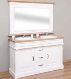 Casa Padrino Landhausstil Badezimmer Set Weiß / Naturfarben - 1 Doppelwaschtisch & 1 Wandspiegel - Massivholz Badezimmermöbel im Landhausstil