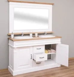 Casa Padrino Landhausstil Badezimmer Set Weiß / Naturfarben - 1 Doppelwaschtisch & 1 Wandspiegel - Massivholz Badezimmermöbel im Landhausstil