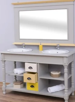 Casa Padrino Landhausstil Badezimmer Set Grau / Naturfarben / Mehrfarbig - 1 Doppelwaschtisch & 1 Wandspiegel - Massivholz Badezimmermöbel im Landhausstil