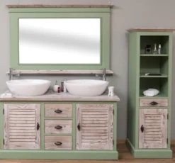 Casa Padrino Landhausstil Badezimmer Set Grün / Naturfarben - 1 Doppelwaschtisch & 1 Wandspiegel & 1 Regalschrank - Massivholz Badezimmer Möbel im Landhausstil