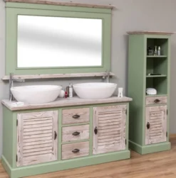 Casa Padrino Landhausstil Badezimmer Set Grün / Naturfarben - 1 Doppelwaschtisch & 1 Wandspiegel & 1 Regalschrank - Massivholz Badezimmer Möbel im Landhausstil