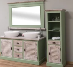 Casa Padrino Landhausstil Badezimmer Set Grün / Naturfarben - 1 Doppelwaschtisch & 1 Wandspiegel & 1 Regalschrank - Massivholz Badezimmer Möbel im Landhausstil