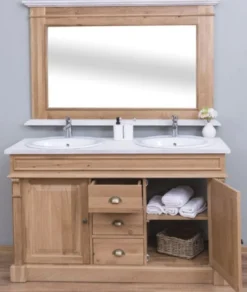 Casa Padrino Landhausstil Badezimmer Set Braun / Weiß - 1 Doppelwaschtisch & 2 Waschbecken & 2 Wasserhähne & 1 Wandspiegel - Massivholz Badezimmermöbel im Landhausstil