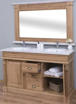 Casa Padrino Landhausstil Badezimmer Set Braun / Weiß - 1 Doppelwaschtisch & 2 Waschbecken & 2 Wasserhähne & 1 Wandspiegel - Massivholz Badezimmermöbel im Landhausstil