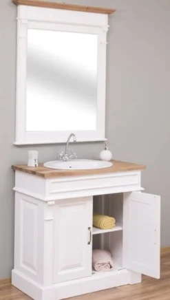 Casa Padrino Landhausstil Badezimmer Set Weiß / Naturfarben - 1 Waschtisch & 1 Wandspiegel - Massivholz Badezimmer Möbel im Landhausstil