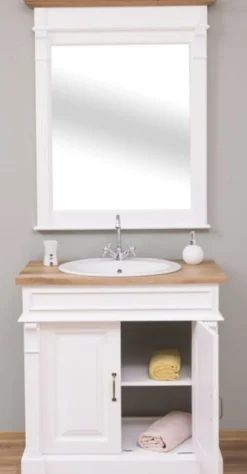Casa Padrino Landhausstil Badezimmer Set Weiß / Naturfarben - 1 Waschtisch & 1 Wandspiegel - Massivholz Badezimmer Möbel im Landhausstil