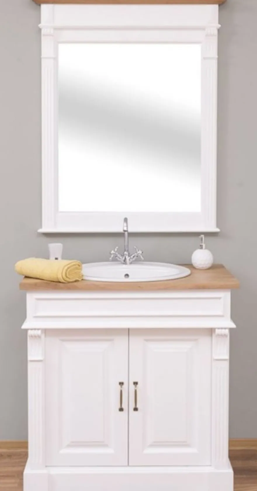 Casa Padrino Landhausstil Badezimmer Set Weiß / Naturfarben - 1 Waschtisch & 1 Wandspiegel - Massivholz Badezimmer Möbel im Landhausstil