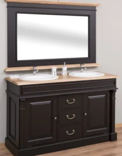 Casa Padrino Landhausstil Badezimmer Set Schwarz / Naturfarben - 1 Doppelwaschtisch & 1 Wandspiegel - Massivholz Badezimmermöbel im Landhausstil