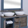 Casa Padrino Landhausstil Badezimmer Set Blau / Dunkelbraun - 1 Doppelwaschtisch & 2 Waschbecken & 2 Wasserhähne & 1 Wandspiegel - Massivholz Badezimmermöbel im Landhausstil