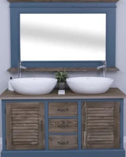 Casa Padrino Landhausstil Badezimmer Set Blau / Dunkelbraun - 1 Doppelwaschtisch & 2 Waschbecken & 2 Wasserhähne & 1 Wandspiegel - Massivholz Badezimmermöbel im Landhausstil