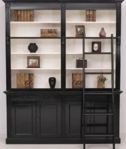 Casa Padrino Landhausstil Bücherschrank mit Leiter Schwarz / Weiß 200 x 40 x H. 240 cm - Massivholz Schrank - Wohnzimmerschrank - Regalschrank - Büroschrank - Landhausstil Möbel