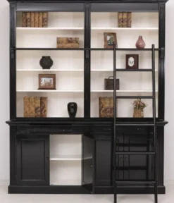 Casa Padrino Landhausstil Bücherschrank mit Leiter Schwarz / Weiß 200 x 40 x H. 240 cm - Massivholz Schrank - Wohnzimmerschrank - Regalschrank - Büroschrank - Landhausstil Möbel