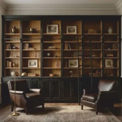 Casa Padrino Landhausstil Bücherschrank mit Leiter Antik Schwarz / Naturfarben 500 cm