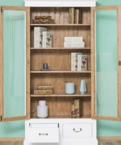 Casa Padrino Landhausstil Bücherschrank Weiß / Braun 109 x 39 x H. 210 cm - Wohnzimmerschrank mit 2 Glastüren und 2 Schubladen - Landhausstil Möbel