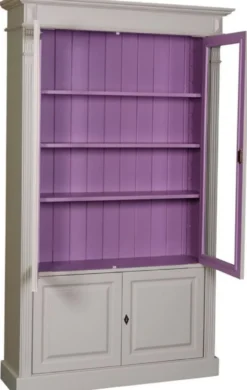 Casa Padrino Landhausstil Bücherschrank Hellgrau / Lila 119 x 39 x H. 197 cm - Wohnzimmerschrank mit 4 Türen - Massivholz Schrank - Vitrinenschrank - Landhausstil Wohnzimmermöbel