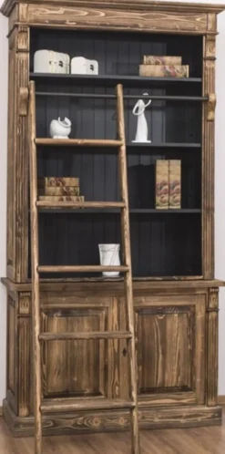 Casa Padrino Landhausstil Bücherschrank mit Leiter Braun / Schwarz 120 x 51 x H. 228 cm - Massivholz Schrank - Regalschrank - Wohnzimmerschrank - Büroschrank - Landhausstil Möbel