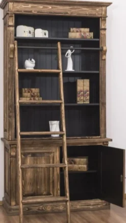 Casa Padrino Landhausstil Bücherschrank mit Leiter Braun / Schwarz 120 x 51 x H. 228 cm - Massivholz Schrank - Regalschrank - Wohnzimmerschrank - Büroschrank - Landhausstil Möbel
