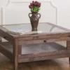Casa Padrino Landhausstil Couchtisch mit Glasplatte Braun 90 x 90 x H. 45 cm - Massivholz Wohnzimmertisch - Wohnzimmermöbel im Landhausstil