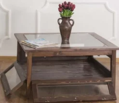 Casa Padrino Landhausstil Couchtisch mit Glasplatte Braun 90 x 90 x H. 45 cm - Massivholz Wohnzimmertisch - Wohnzimmermöbel im Landhausstil