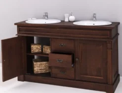 Casa Padrino Landhausstil Doppel Waschbeckenschrank mit 2 Keramik Waschbecken Dunkelbraun / Weiß 150 x 51 x H. 91 cm - Massivholz Badezimmer Möbel im Landhausstil - Landhausstil Möbel