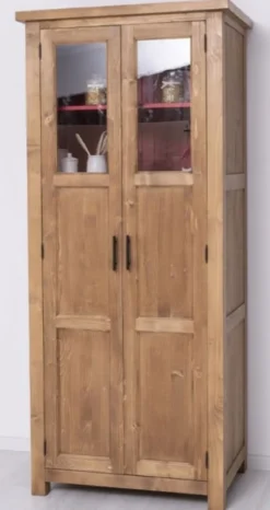 Casa Padrino Landhausstil Esszimmerschrank Naturfarben / Rot 96 x 65 x H. 220 cm - Massivholz Küchenschrank mit 2 Türen - Esszimmer Möbel im Landhausstil - Landhausstil Esszimmer Einrichtung