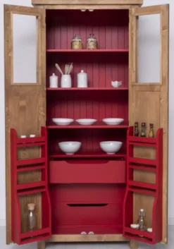 Casa Padrino Landhausstil Esszimmerschrank Naturfarben / Rot 96 x 65 x H. 220 cm - Massivholz Küchenschrank mit 2 Türen - Esszimmer Möbel im Landhausstil - Landhausstil Esszimmer Einrichtung