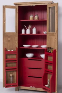 Casa Padrino Landhausstil Esszimmerschrank Naturfarben / Rot 96 x 65 x H. 220 cm - Massivholz Küchenschrank mit 2 Türen - Esszimmer Möbel im Landhausstil - Landhausstil Esszimmer Einrichtung