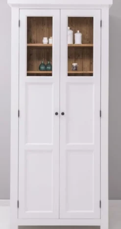 Casa Padrino Landhausstil Esszimmerschrank Weiß / Naturfarben 96 x 65 x H. 220 cm - Massivholz Küchenschrank mit 2 Türen - Esszimmer Möbel im Landhausstil - Landhausstil Esszimmer Einrichtung