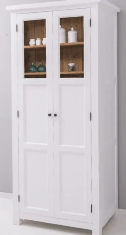 Casa Padrino Landhausstil Esszimmerschrank Weiß / Naturfarben 96 x 65 x H. 220 cm - Massivholz Küchenschrank mit 2 Türen - Esszimmer Möbel im Landhausstil - Landhausstil Esszimmer Einrichtung