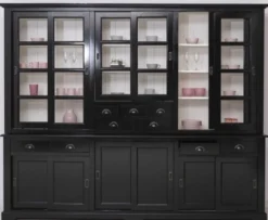Casa Padrino Landhausstil Esszimmerschrank Schwarz / Weiß 280 x 55 x H. 225 cm - Massivholz Küchenschrank - Esszimmer Möbel im Landhausstil - Landhausstil Esszimmer Einrichtung